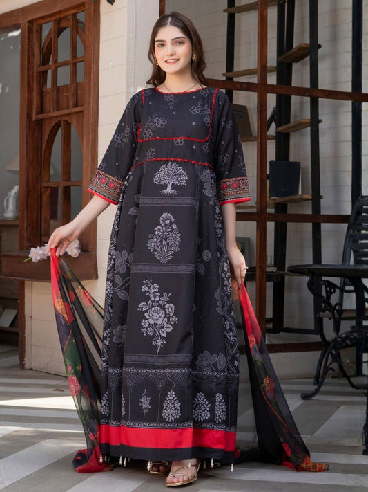 Black Red MH Cloth House Blended Lawn Printed Stitched 2-Piece Suit-Surkh Bahar