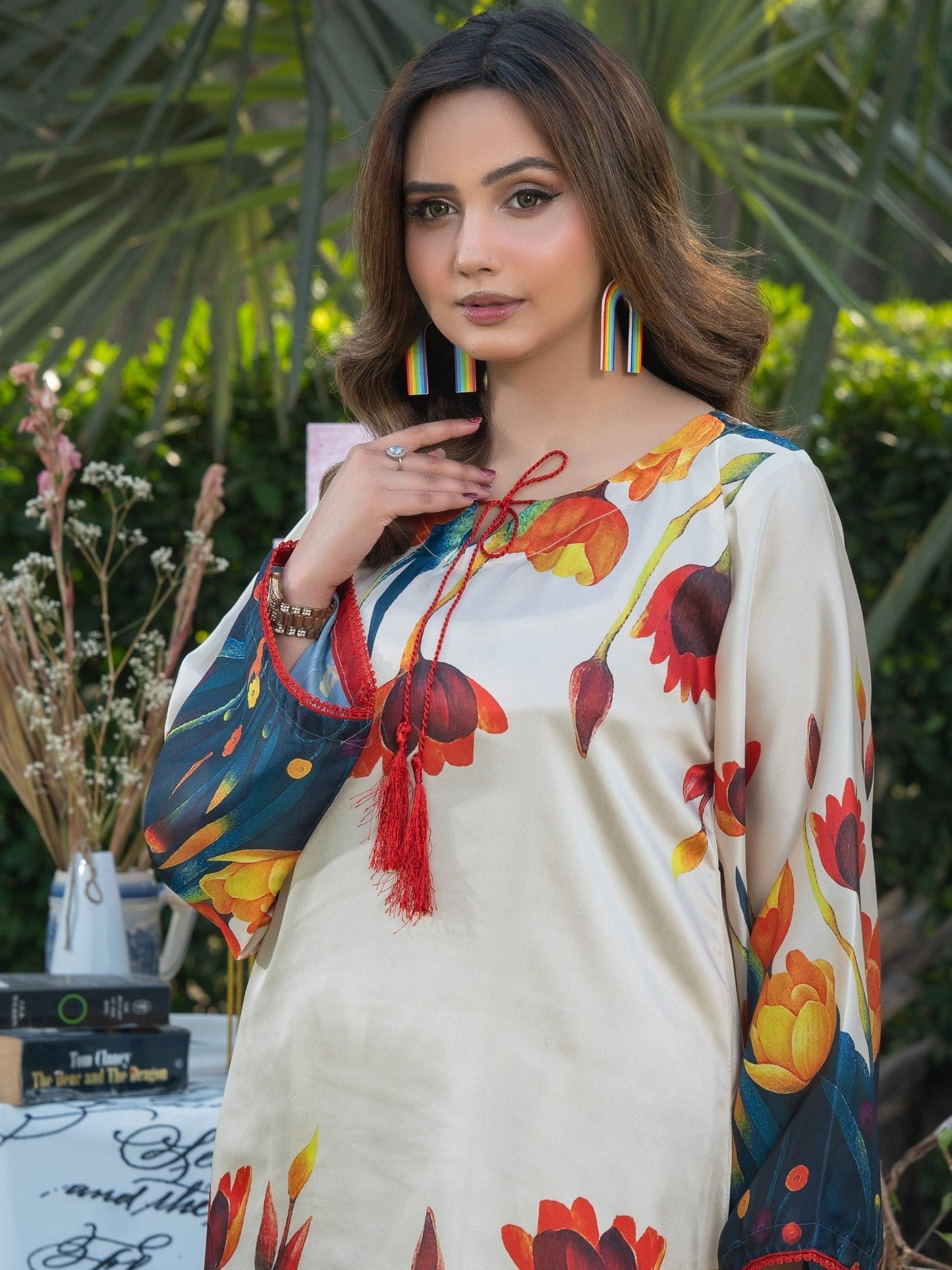 Cream MH Cloth House Silk Printed Stitched 2-Piece Suit-Rang-E-Gul