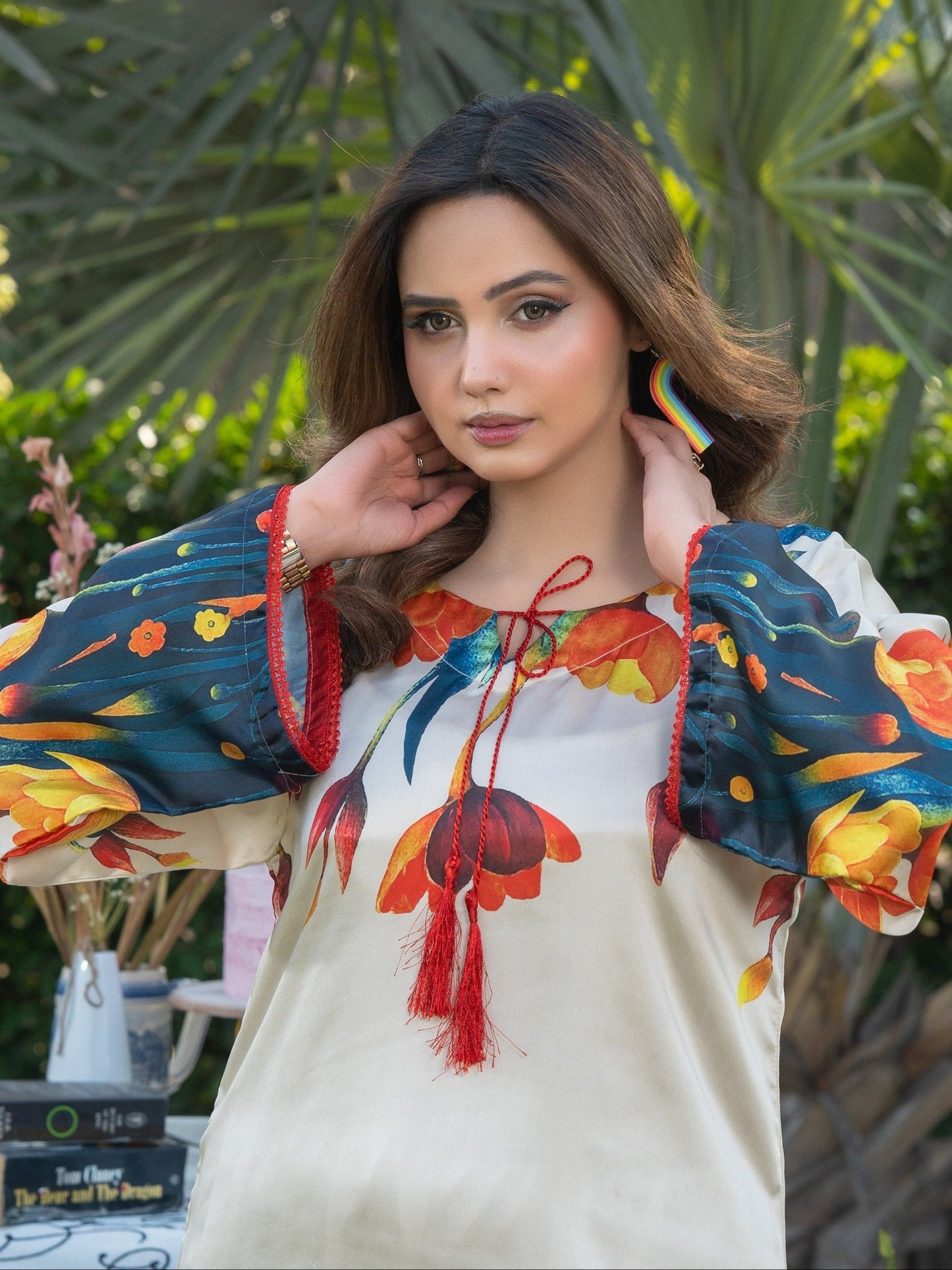 Cream MH Cloth House Silk Printed Stitched 2-Piece Suit-Rang-E-Gul