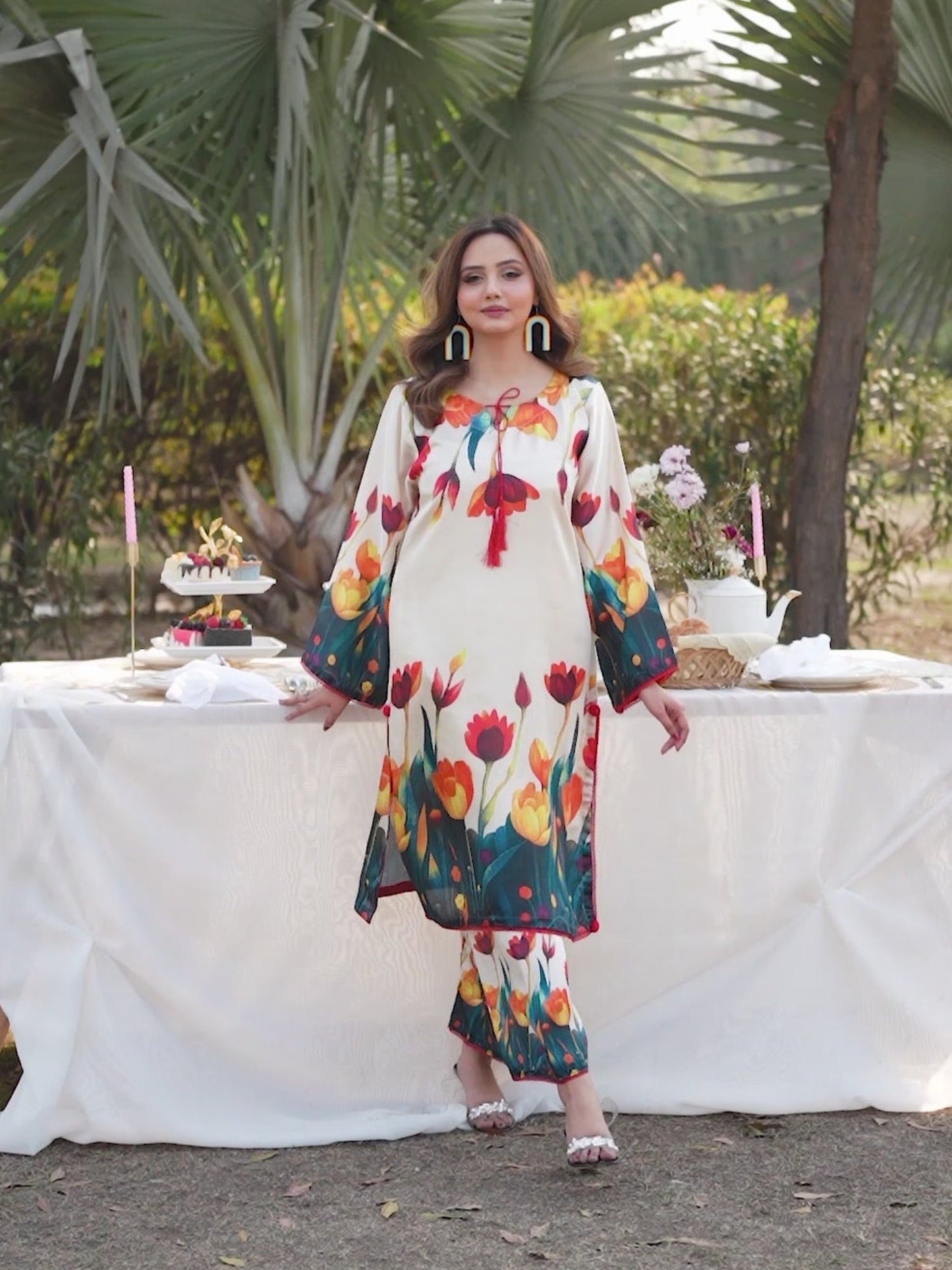 Cream MH Cloth House Silk Printed Stitched 2-Piece Suit-Rang-E-Gul