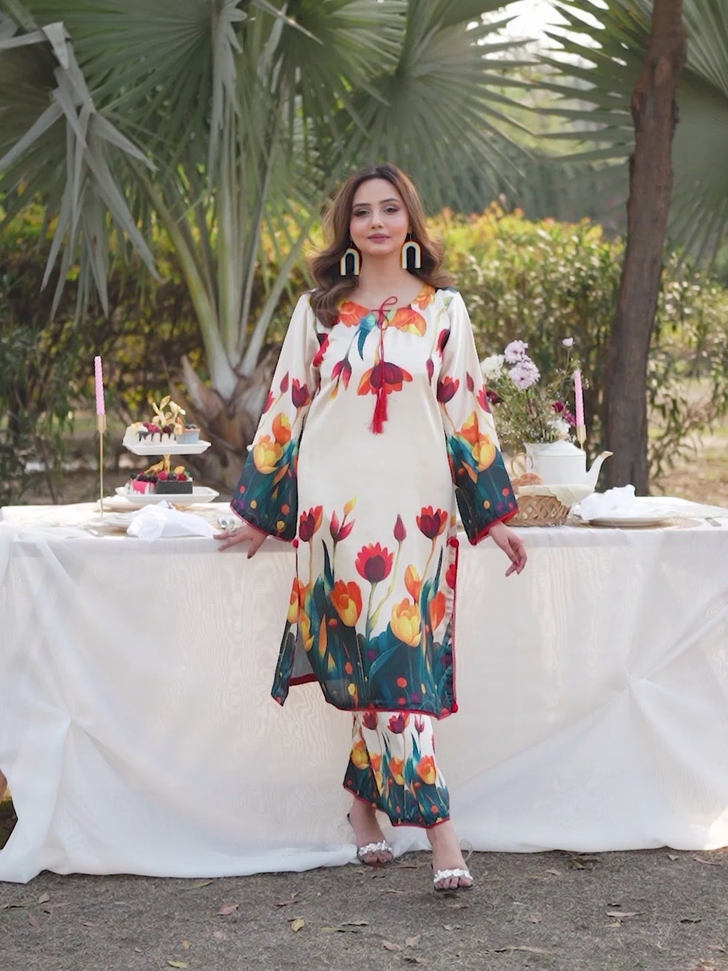 Cream MH Cloth House Silk Printed Stitched 2-Piece Suit-Rang-E-Gul