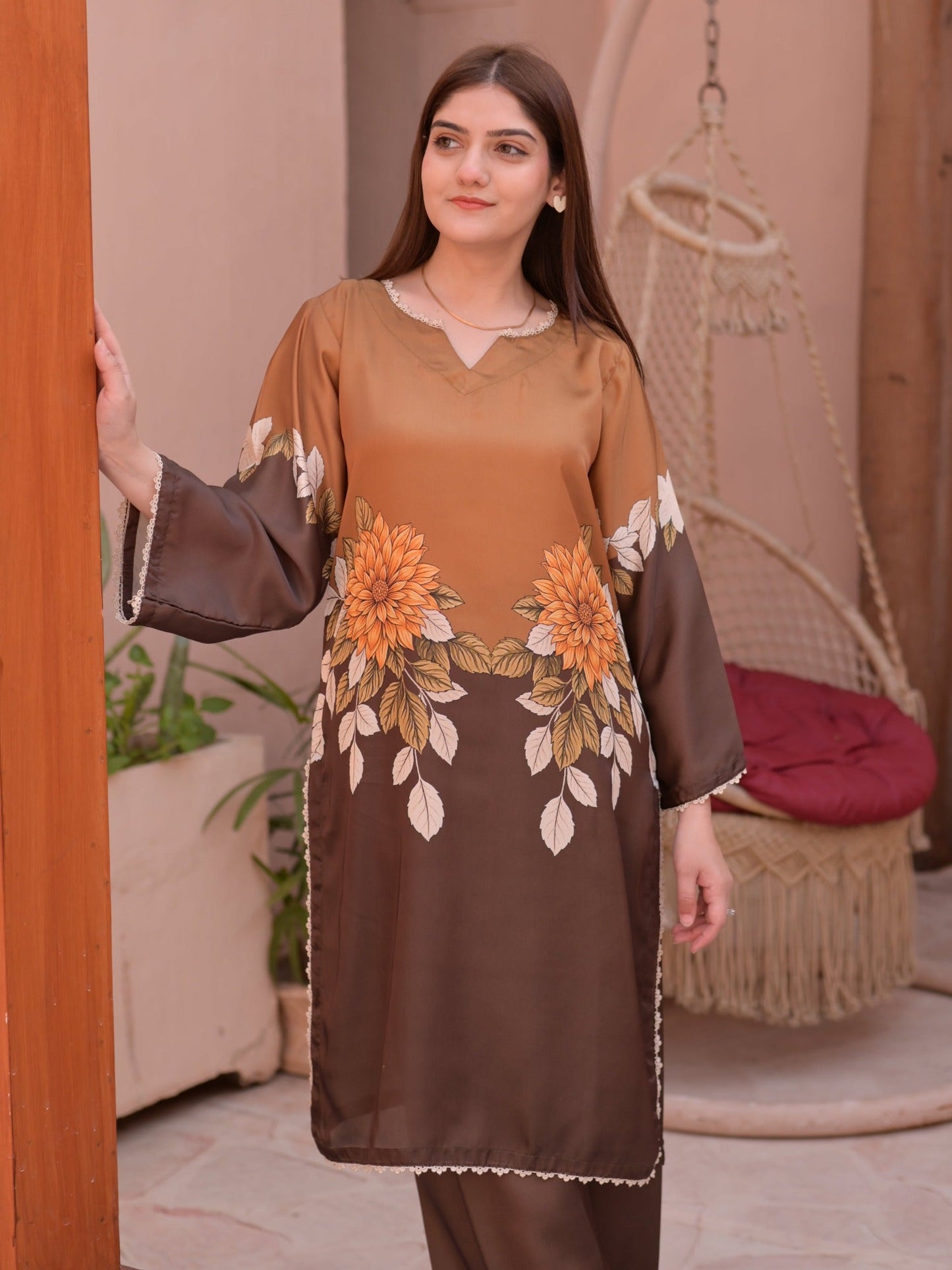 Brown MH Cloth House Silk Printed Stitched 2-Piece Suit-Keharba