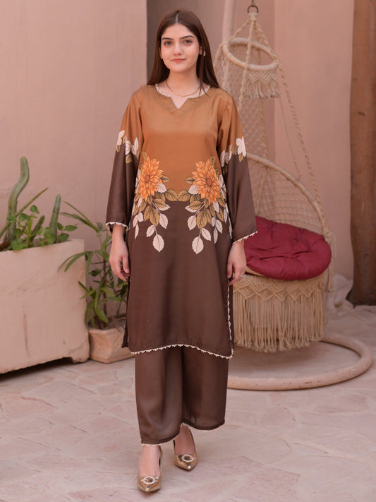 Brown MH Cloth House Silk Printed Stitched 2-Piece Suit-Keharba