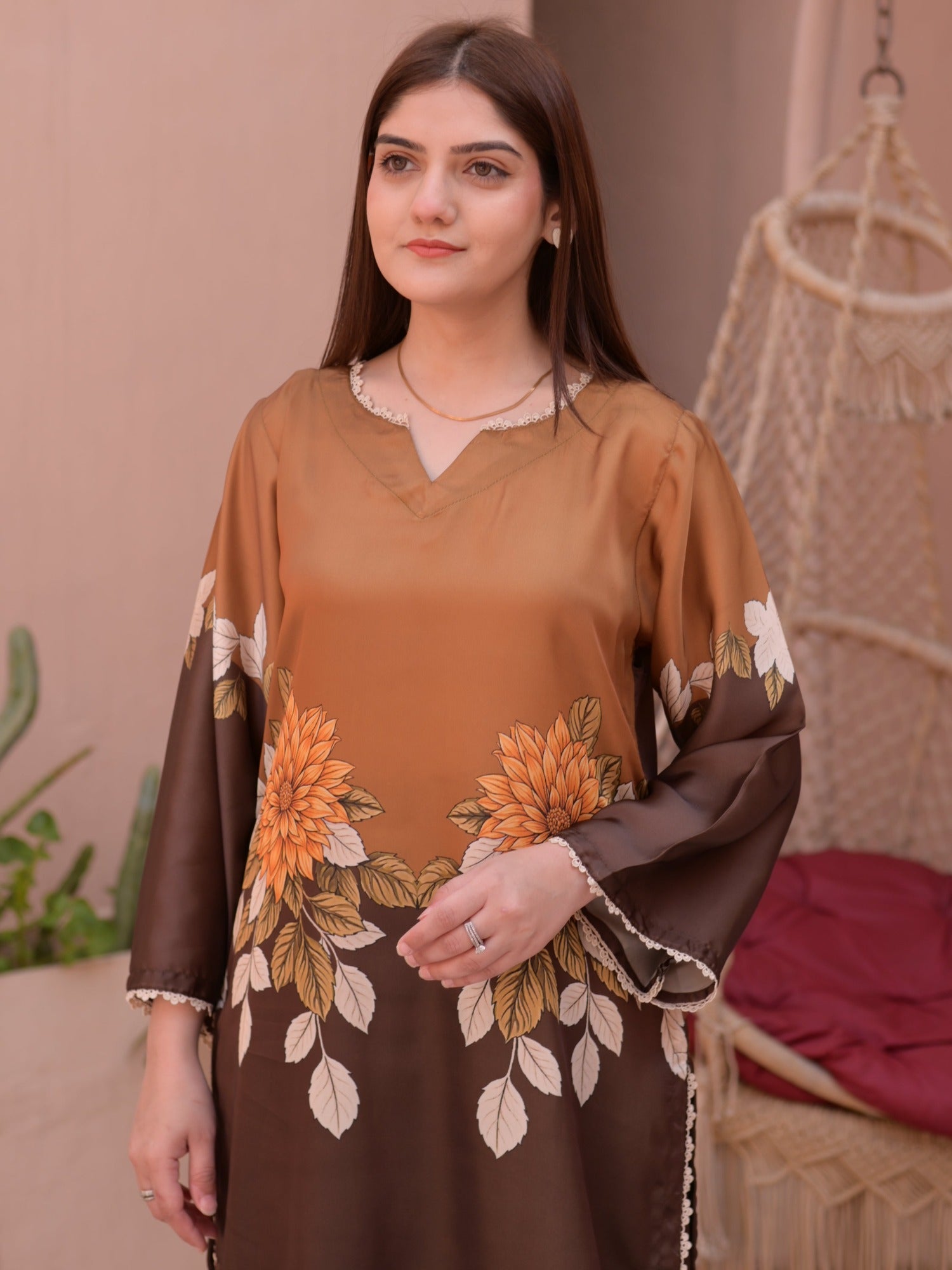 Brown MH Cloth House Silk Printed Stitched 2-Piece Suit-Keharba