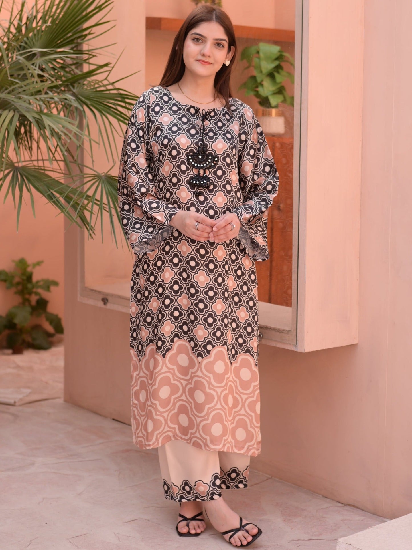 Peach and Black MH Cloth House Silk Printed Stitched 2-Piece Suit-Aahangi