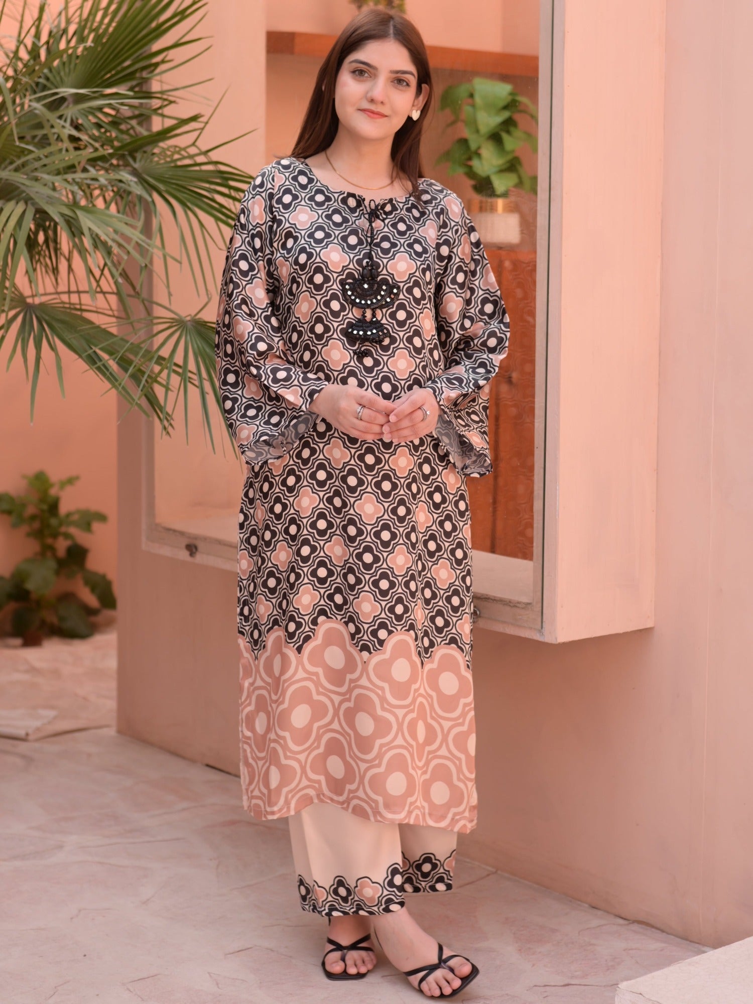 Peach and Black MH Cloth House Silk Printed Stitched 2-Piece Suit-Aahangi