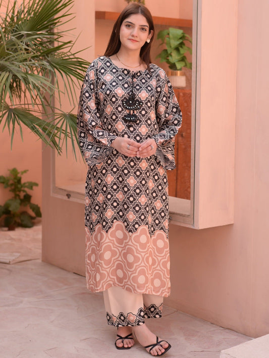 Peach and Black MH Cloth House Silk Printed Stitched 2-Piece Suit-Aahangi