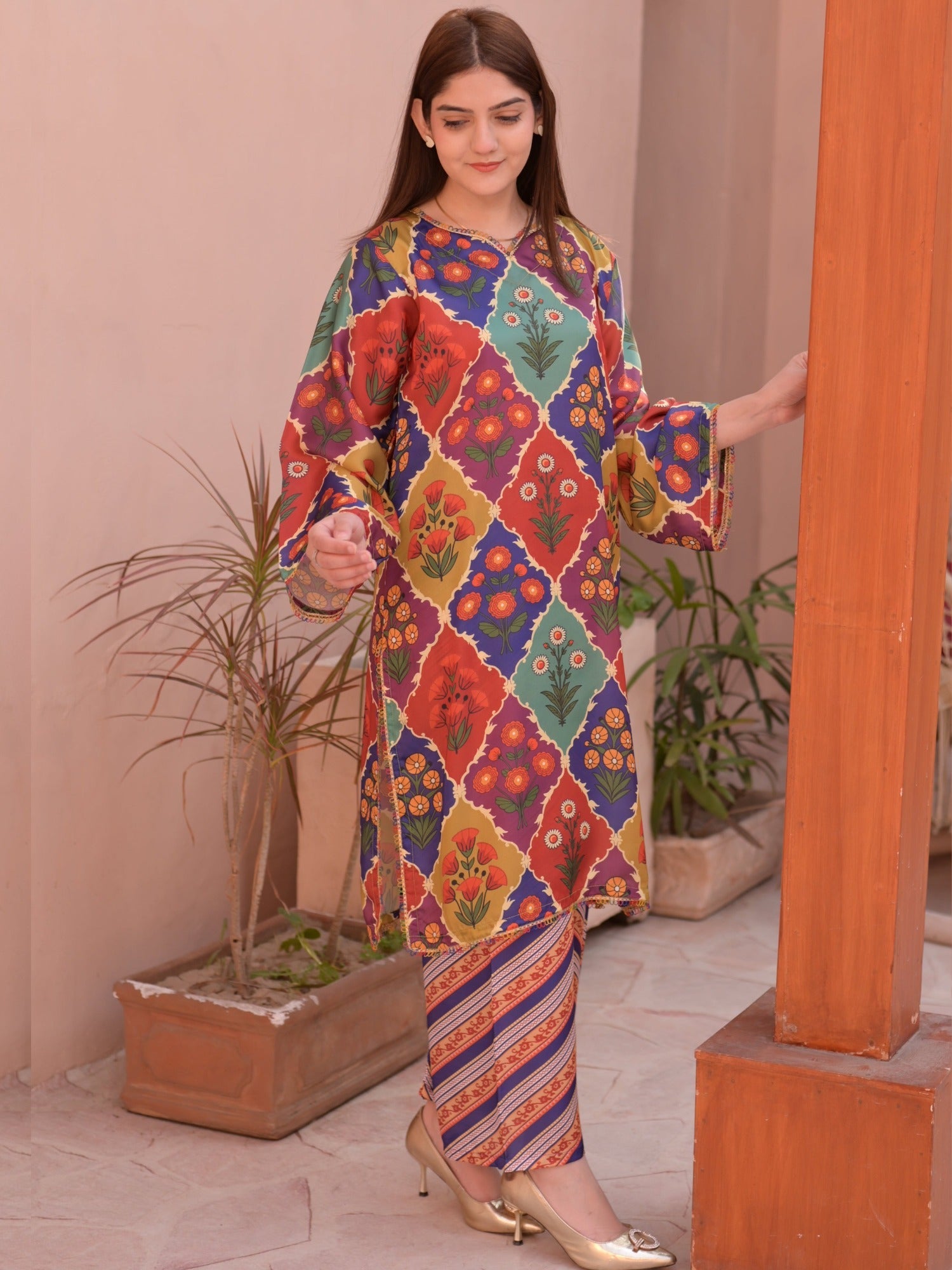 Multi MH Cloth House Silk Printed Stitched 2-Piece Suit-Satrangi