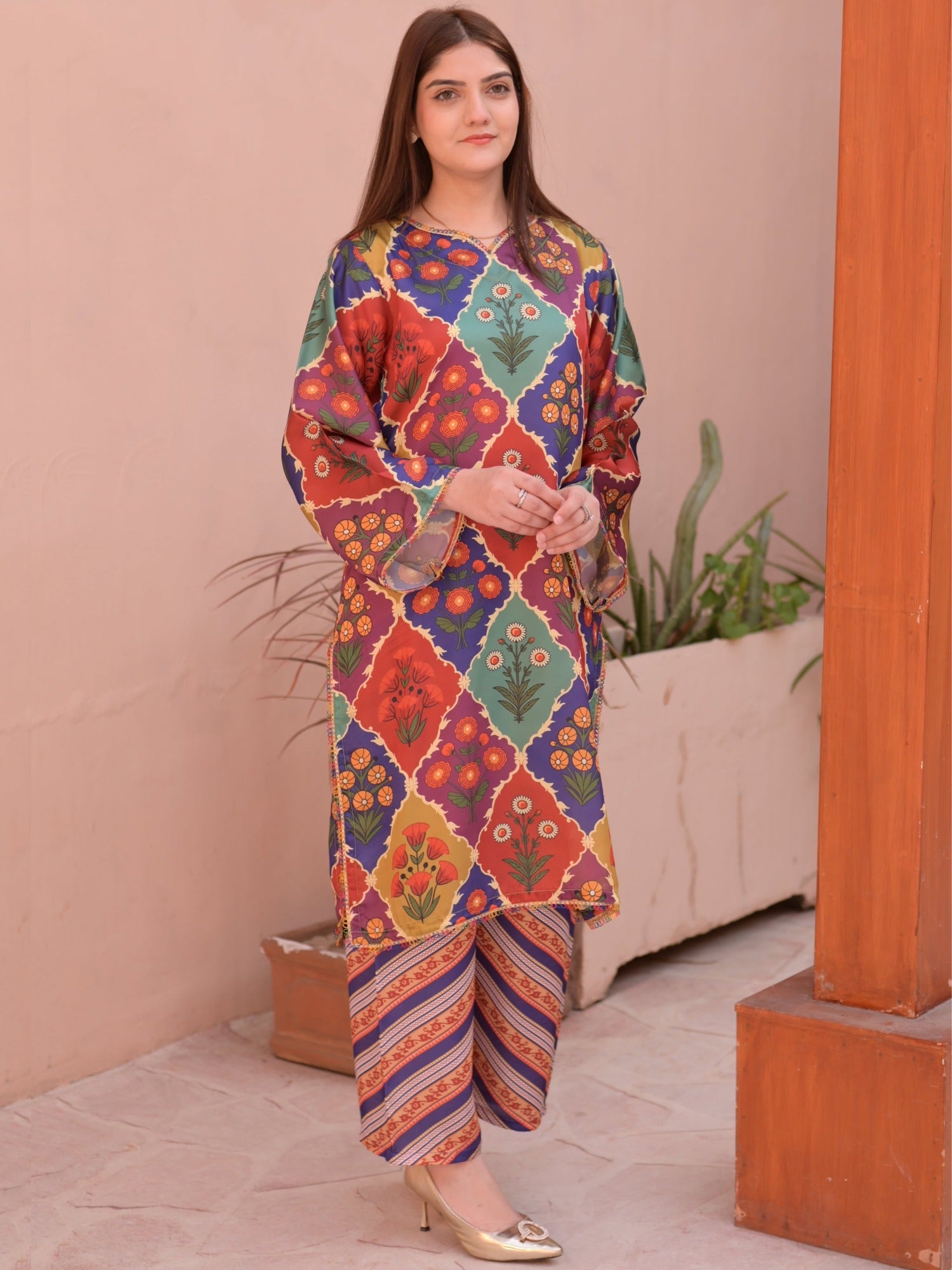 Multi MH Cloth House Silk Printed Stitched 2-Piece Suit-Satrangi