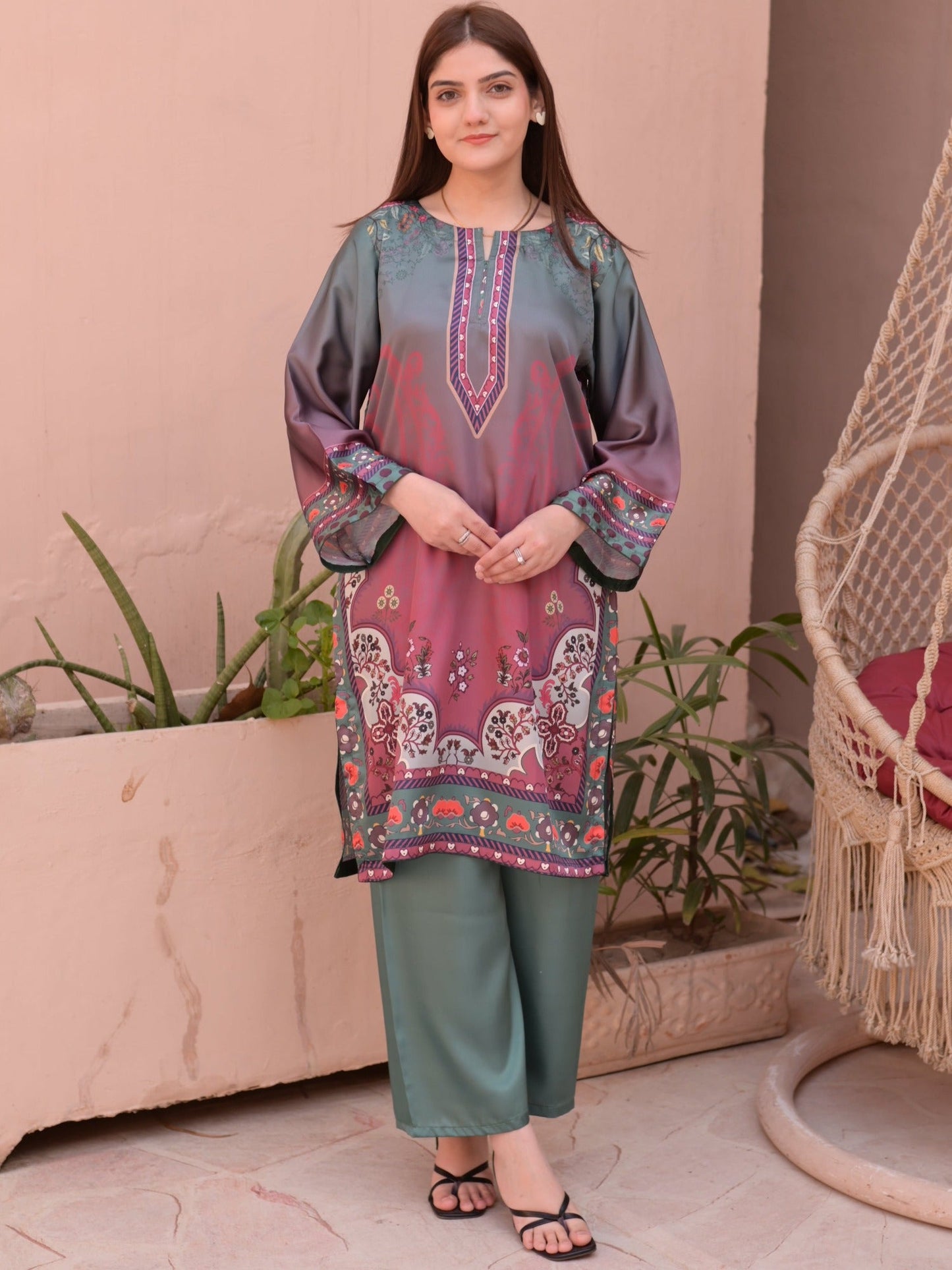 Pink Green MH Cloth House Silk Printed Stitched 2-Piece Suit-Darakhshaan