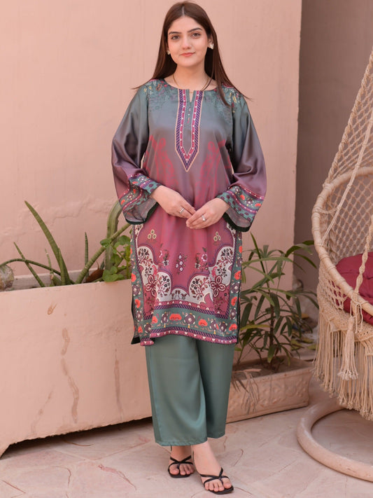 Pink Green MH Cloth House Silk Printed Stitched 2-Piece Suit-Darakhshaan