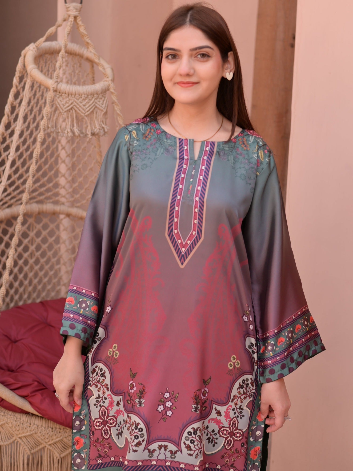 Pink Green MH Cloth House Silk Printed Stitched 2-Piece Suit-Darakhshaan