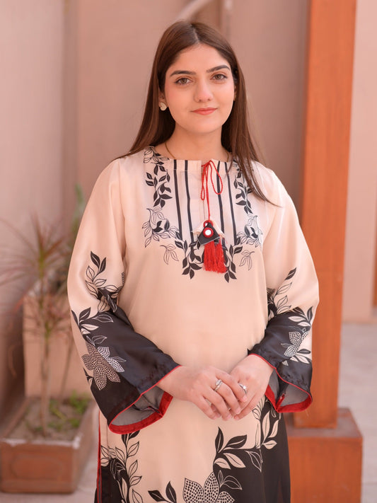 Cream Black MH Cloth House Silk Printed Stitched 2-Piece Suit-Mehtaab