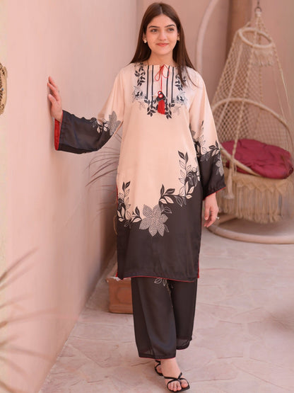 Cream Black MH Cloth House Silk Printed Stitched 2-Piece Suit-Mehtaab