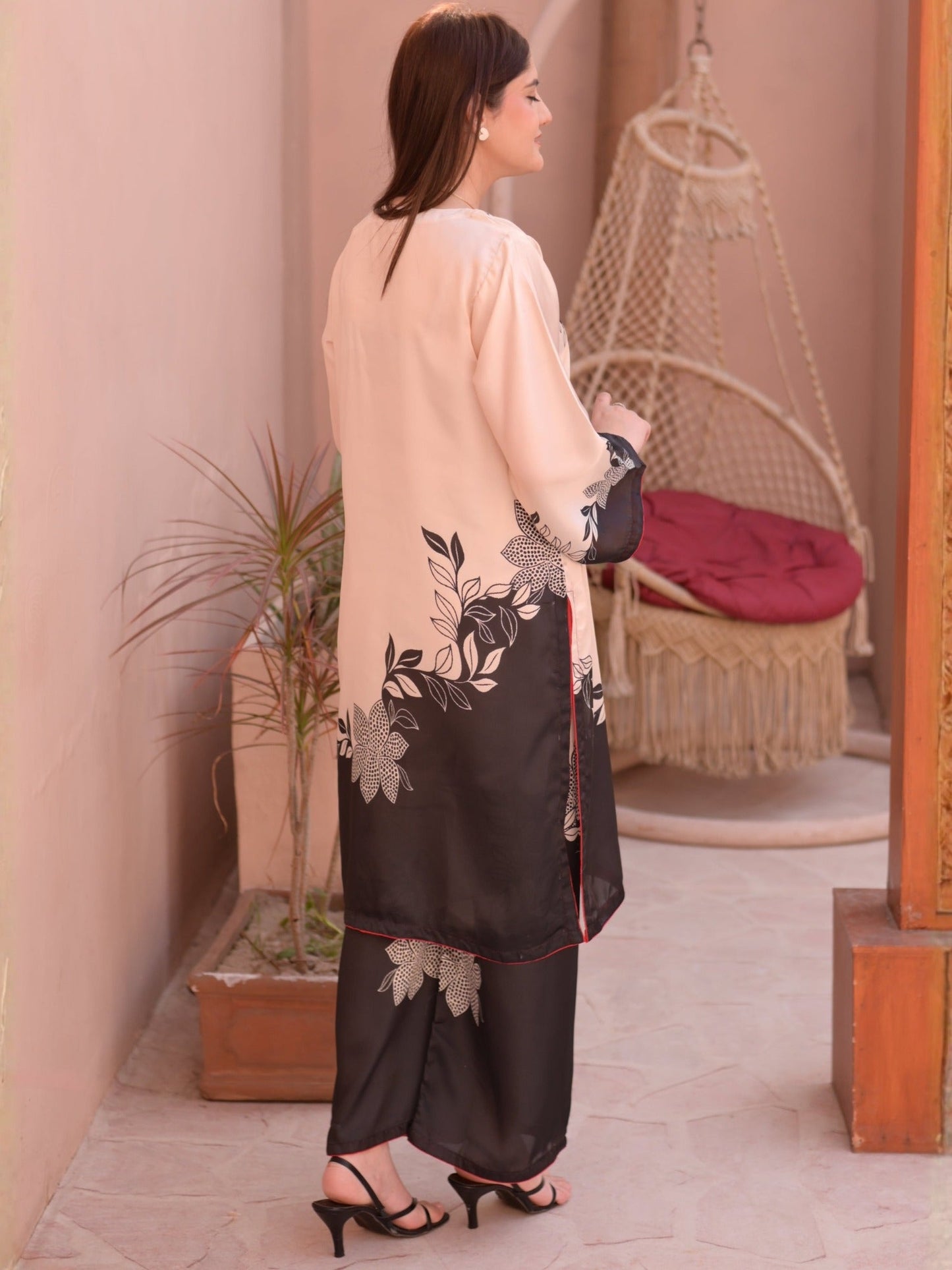 Cream Black MH Cloth House Silk Printed Stitched 2-Piece Suit-Mehtaab