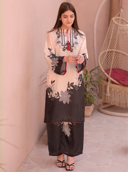 Cream Black MH Cloth House Silk Printed Stitched 2-Piece Suit-Mehtaab