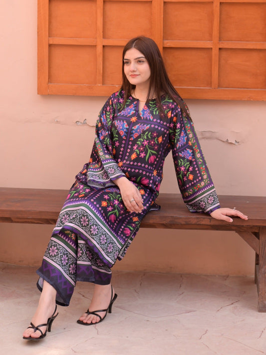 Purple MH Cloth House Silk Printed Stitched 2-Piece Suit-Lataafat