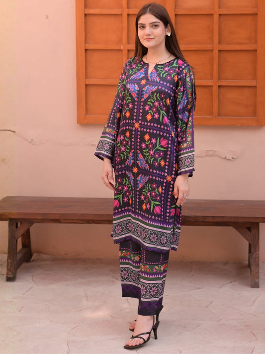 Purple MH Cloth House Silk Printed Stitched 2-Piece Suit-Lataafat