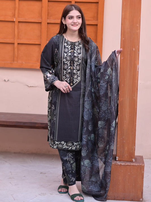 Black MH Cloth House Cotton Lawn Embroidered Stitched 3-Piece Suit-Khurd Ara