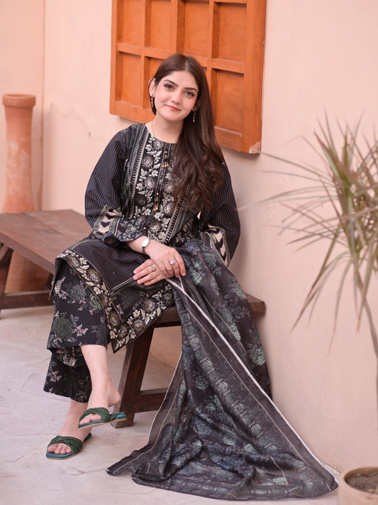 Black MH Cloth House Cotton Lawn Embroidered Stitched 3-Piece Suit-Khurd Ara