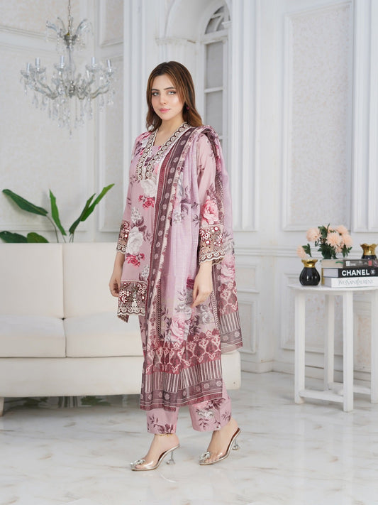 Peach MH Cloth House Cotton Lawn Embroidered Stitched 3-Piece Suit-Wisaal