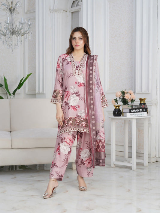 Peach MH Cloth House Cotton Lawn Embroidered Stitched 3-Piece Suit-Wisaal