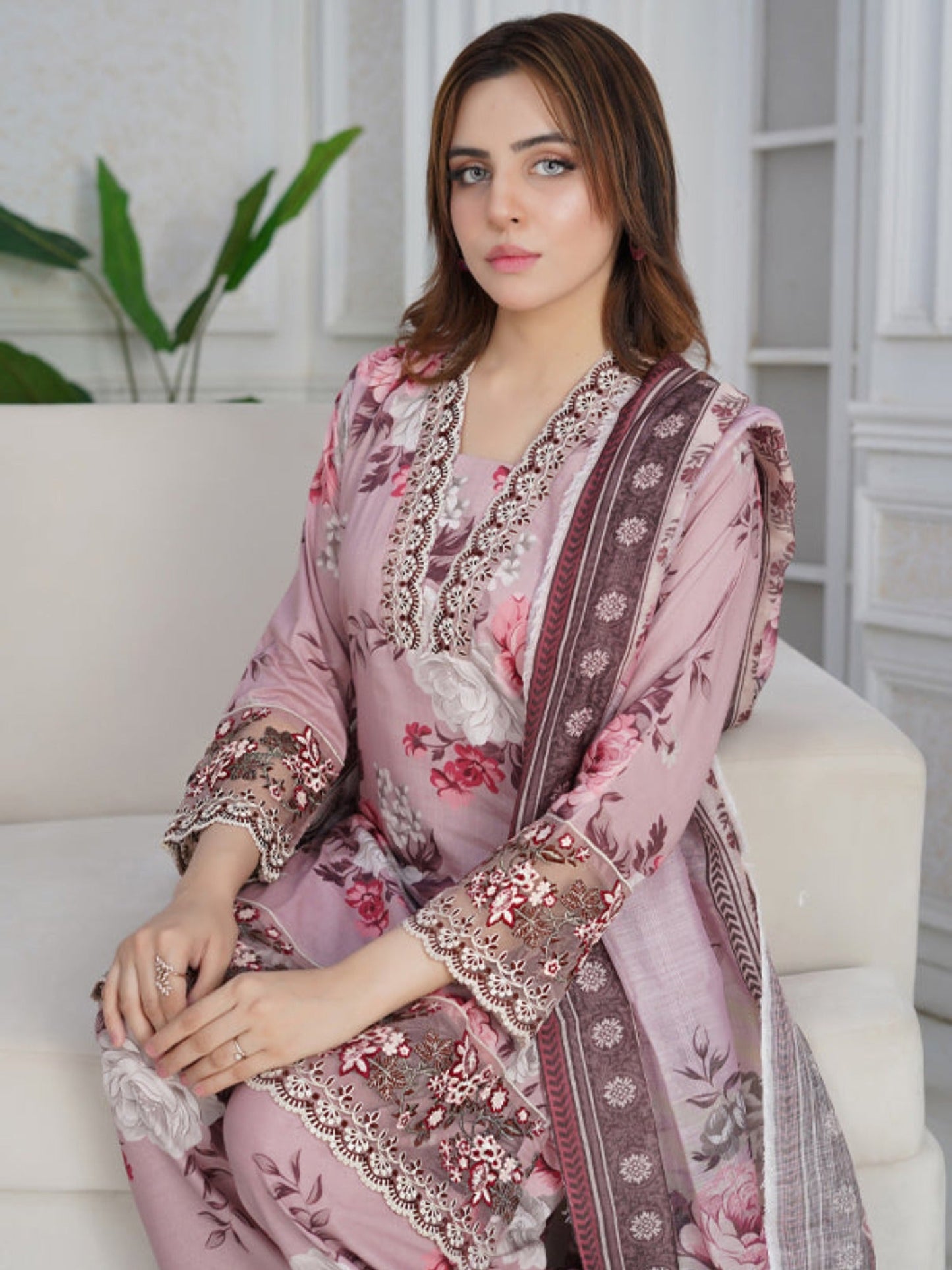 Peach MH Cloth House Cotton Lawn Embroidered Stitched 3-Piece Suit-Wisaal
