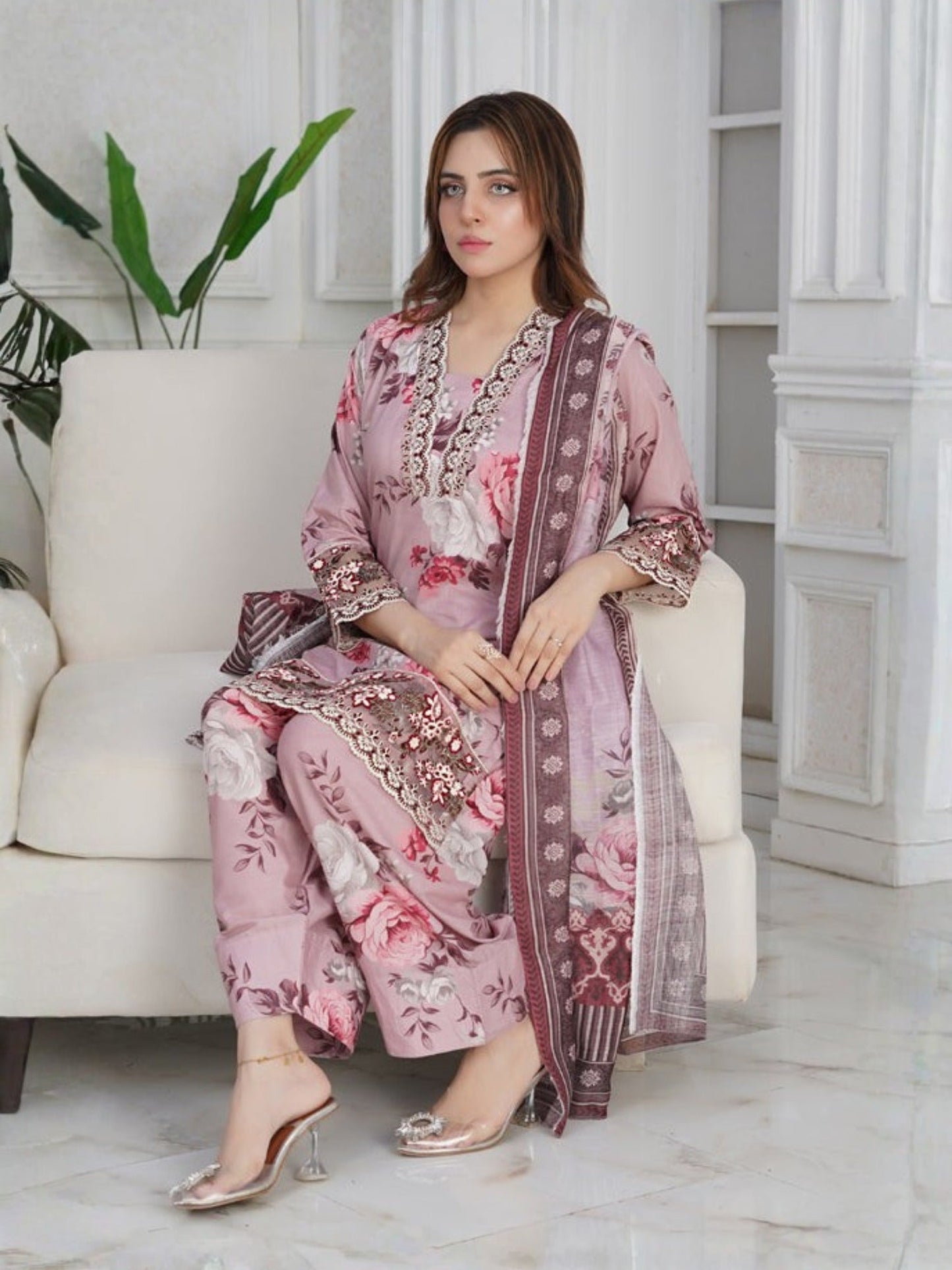 Peach MH Cloth House Cotton Lawn Embroidered Stitched 3-Piece Suit-Wisaal