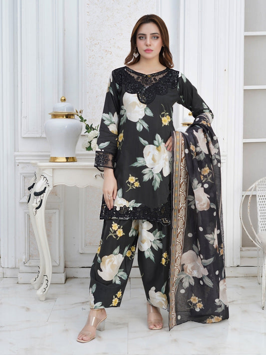 Black MH Cloth House Cotton Lawn Embroidered Stitched 3-Piece Suit-Husn-E-Yaktaa