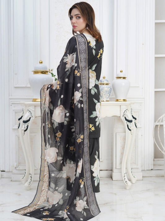 Black MH Cloth House Cotton Lawn Embroidered Stitched 3-Piece Suit-Husn-E-Yaktaa