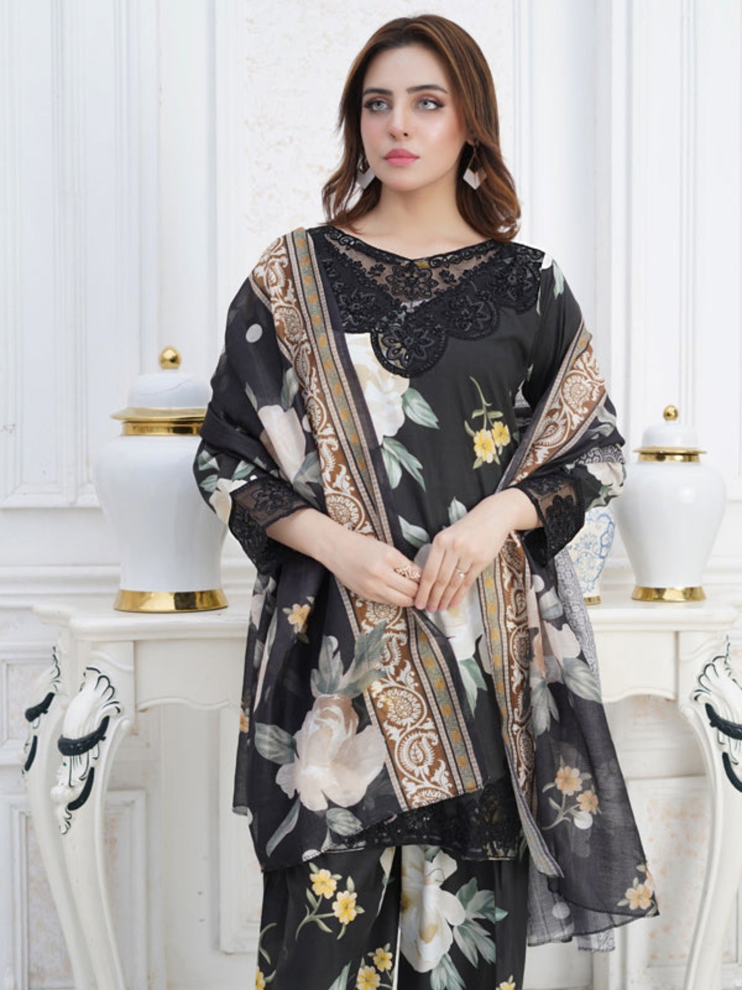 Black MH Cloth House Cotton Lawn Embroidered Stitched 3-Piece Suit-Husn-E-Yaktaa