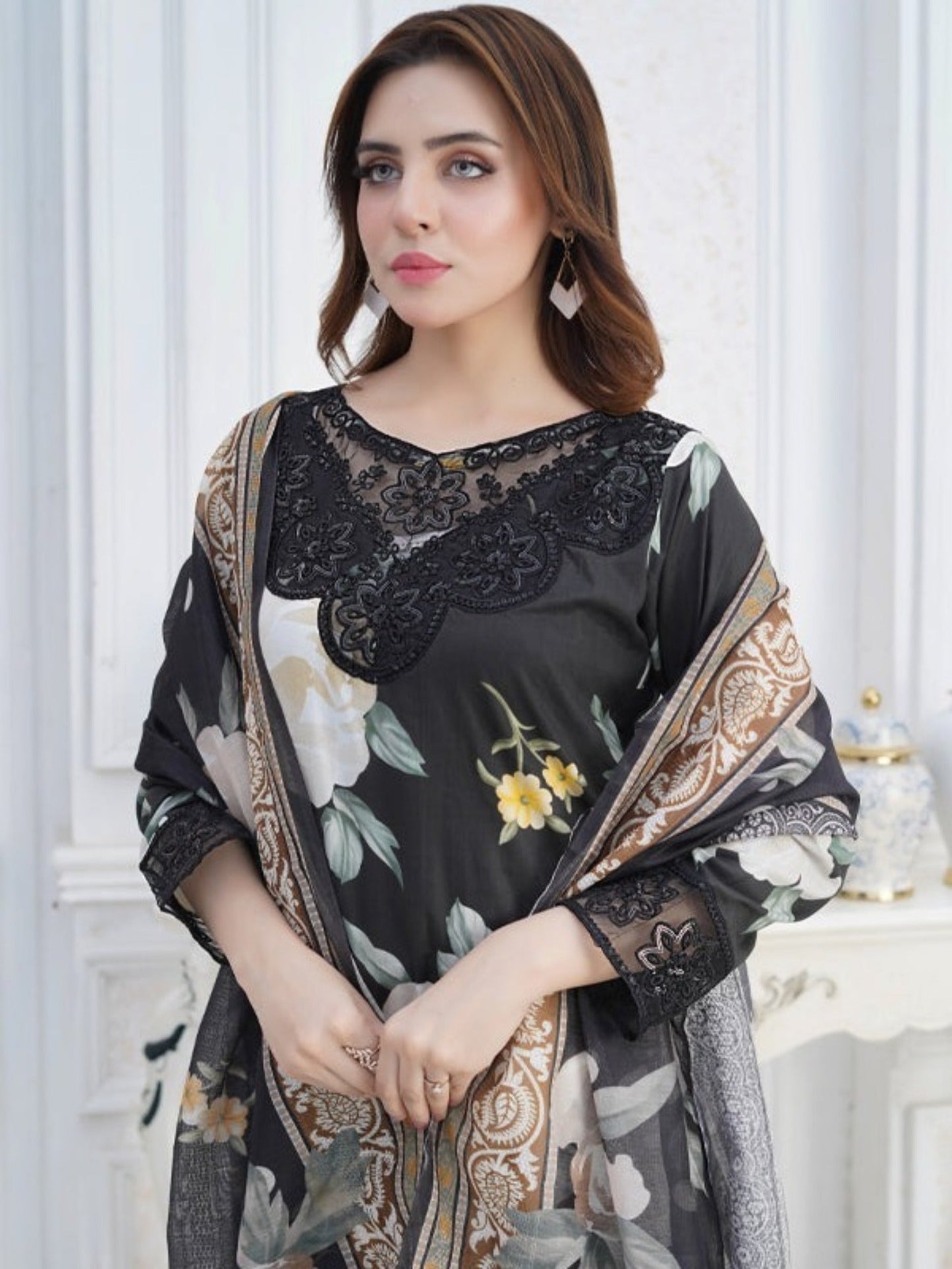 Black MH Cloth House Cotton Lawn Embroidered Stitched 3-Piece Suit-Husn-E-Yaktaa