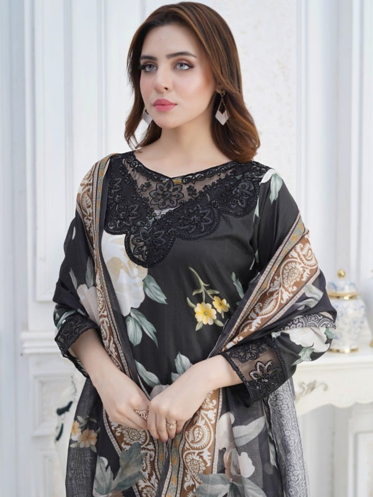 Black MH Cloth House Cotton Lawn Embroidered Stitched 3-Piece Suit-Husn-E-Yaktaa