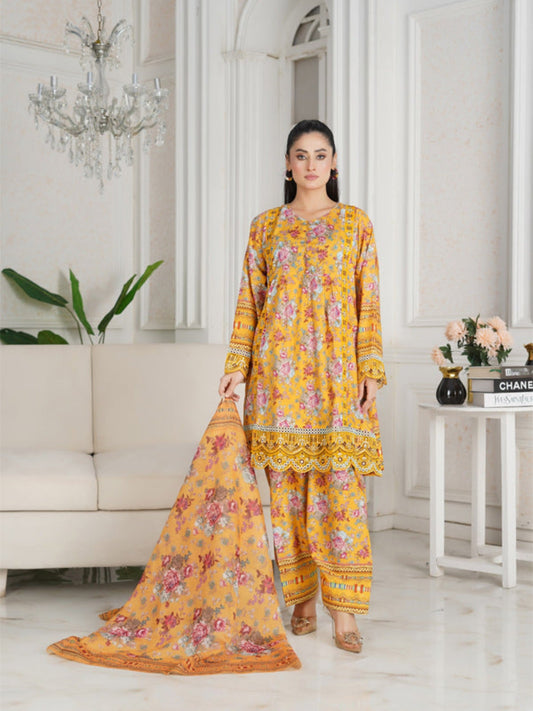 Yellow MH Cloth House Cotton Lawn Embroidered Stitched 3-Piece Suit-Chaandni