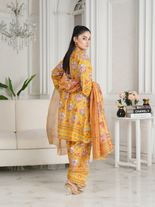 Yellow MH Cloth House Cotton Lawn Embroidered Stitched 3-Piece Suit-Chaandni