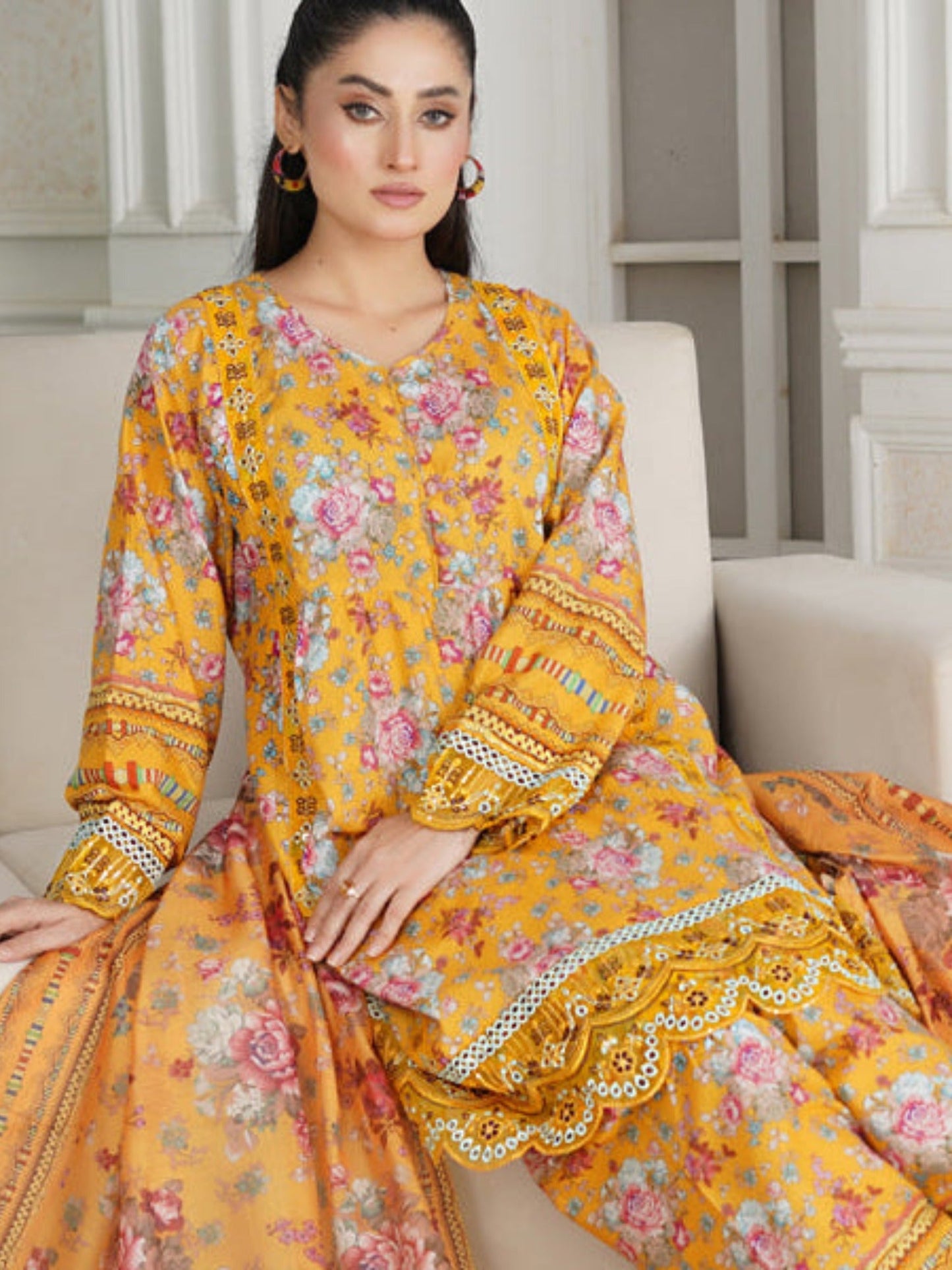 Yellow MH Cloth House Cotton Lawn Embroidered Stitched 3-Piece Suit-Chaandni