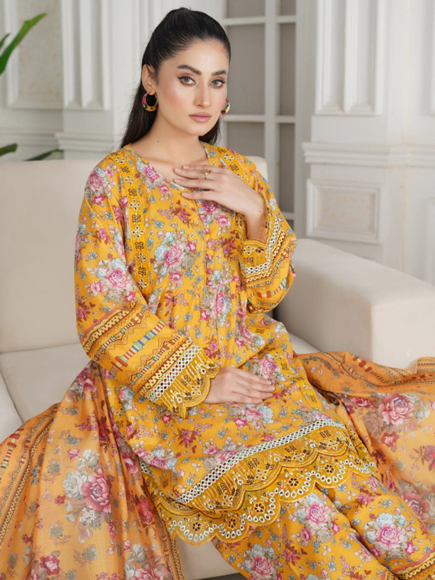 Yellow MH Cloth House Cotton Lawn Embroidered Stitched 3-Piece Suit-Chaandni