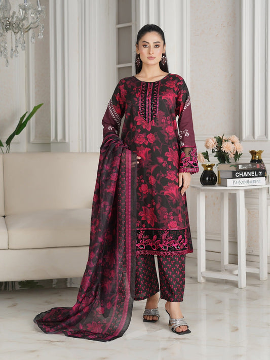 Black MH Cloth House Cotton Lawn Embroidered Stitched 3-Piece Suit-Soz-E-Dil