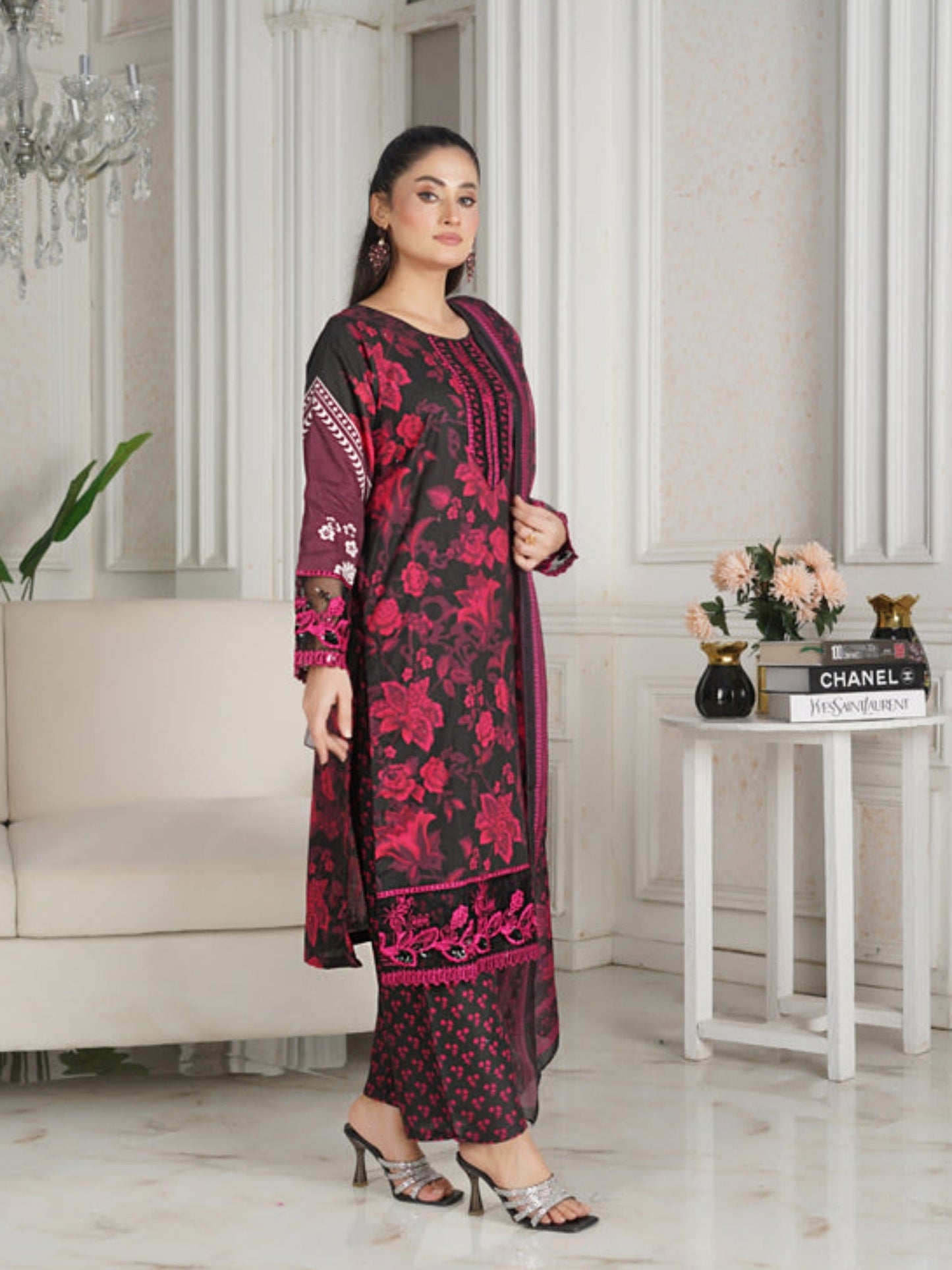 Black MH Cloth House Cotton Lawn Embroidered Stitched 3-Piece Suit-Soz-E-Dil