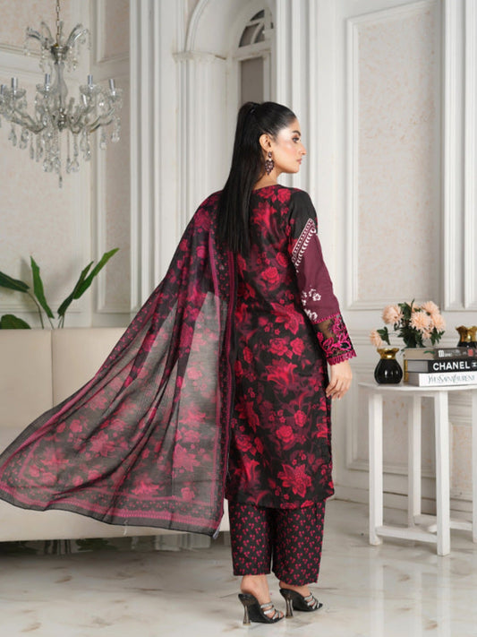 Black MH Cloth House Cotton Lawn Embroidered Stitched 3-Piece Suit-Soz-E-Dil