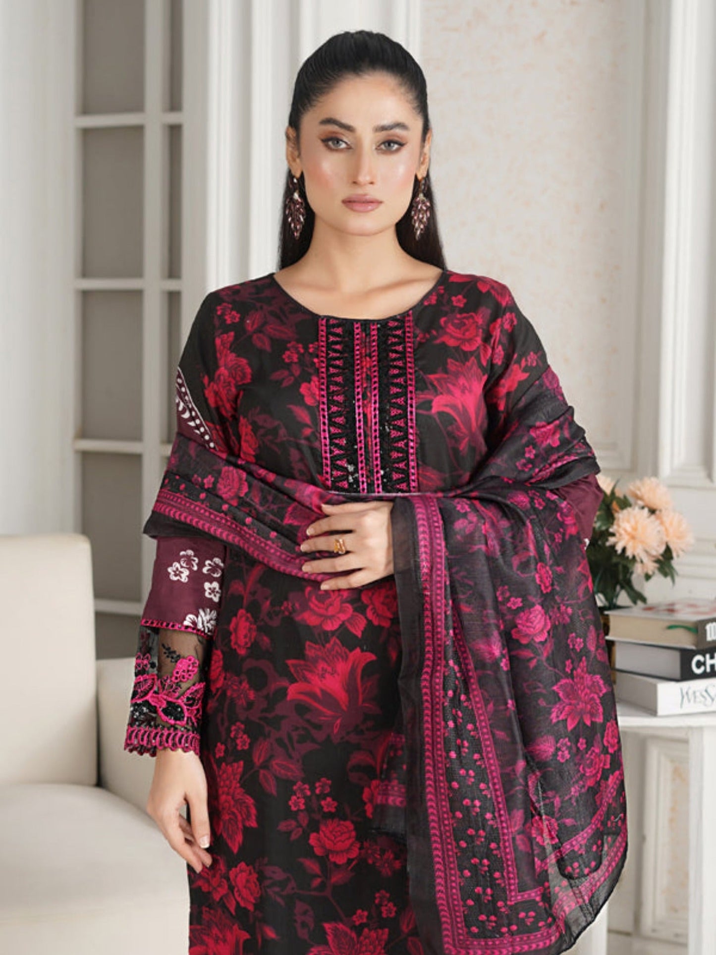 Black MH Cloth House Cotton Lawn Embroidered Stitched 3-Piece Suit-Soz-E-Dil
