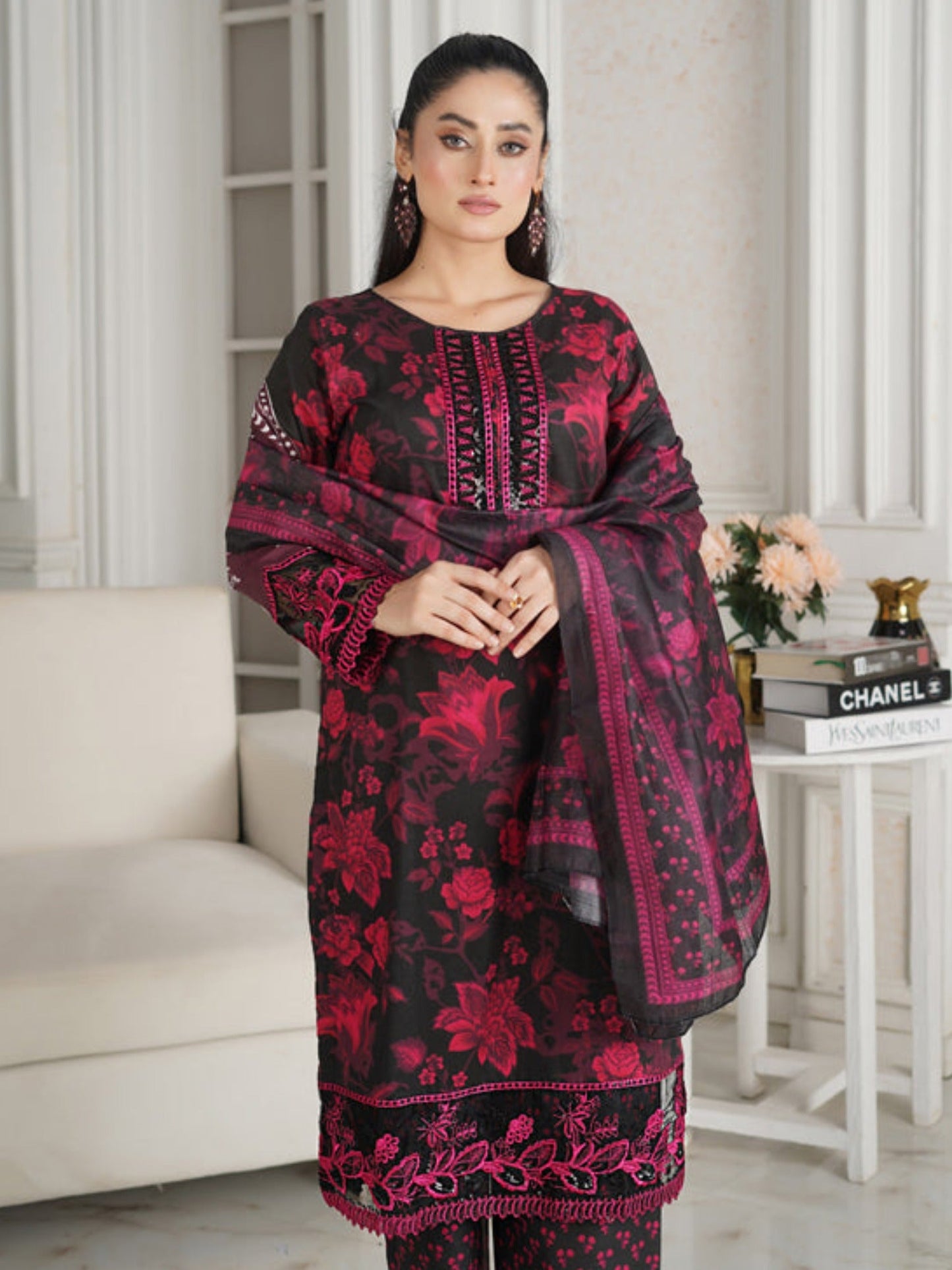 Black MH Cloth House Cotton Lawn Embroidered Stitched 3-Piece Suit-Soz-E-Dil