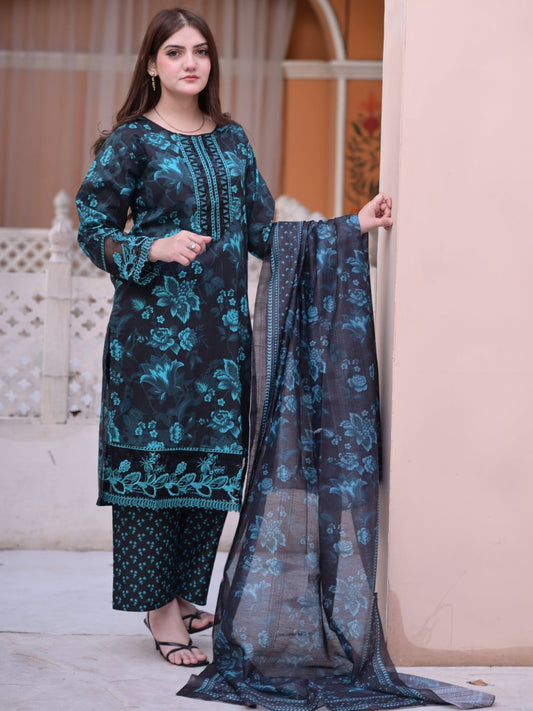 Black Blue MH Cloth House Cotton Lawn Embroidered Stitched 3-Piece Suit-Farozan