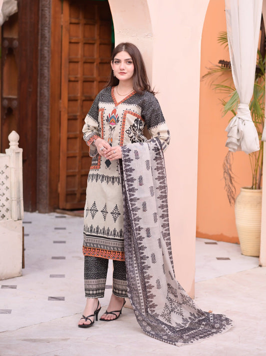 Ivory Black MH Cloth House Cotton Lawn Embroidered Stitched 3-Piece Suit-Khwabeeda