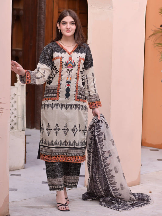 Ivory Black MH Cloth House Cotton Lawn Embroidered Stitched 3-Piece Suit-Khwabeeda