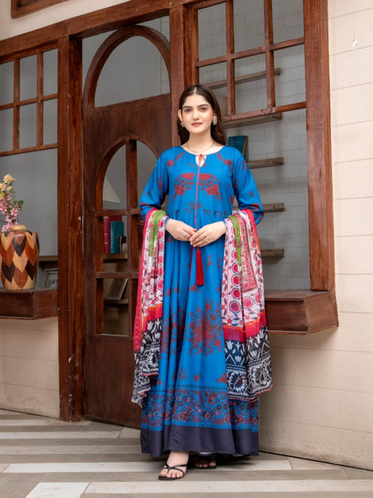 Blue MH Cloth House Blended Lawn Printed Stitched 2-Piece Suit-Falak Ara