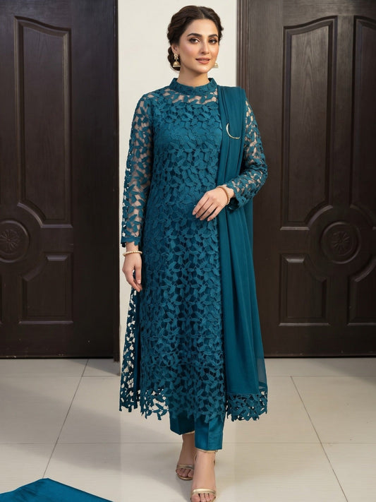 Blue Duas Boutique Crochet Net Unstitched 3-Piece Suit-Style 1