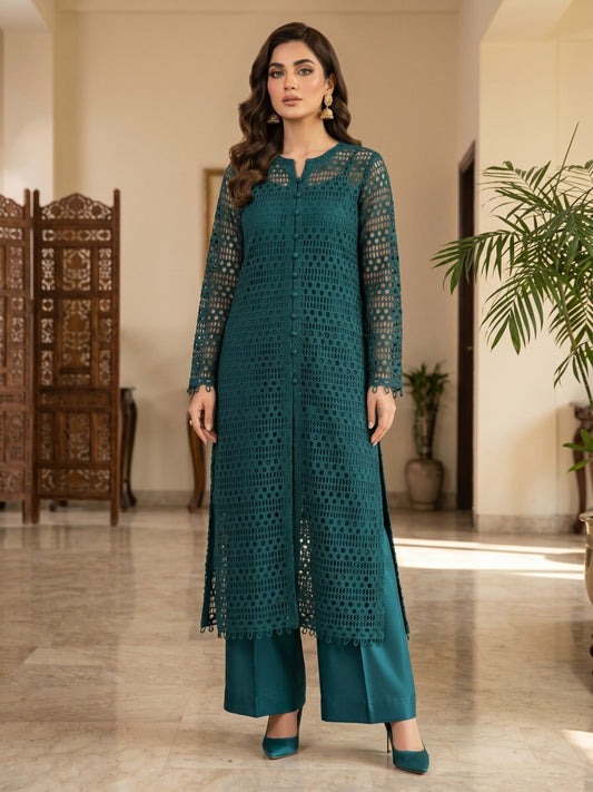 Green Duas Boutique Crochet Net Unstitched 3-Piece Suit-Style 2
