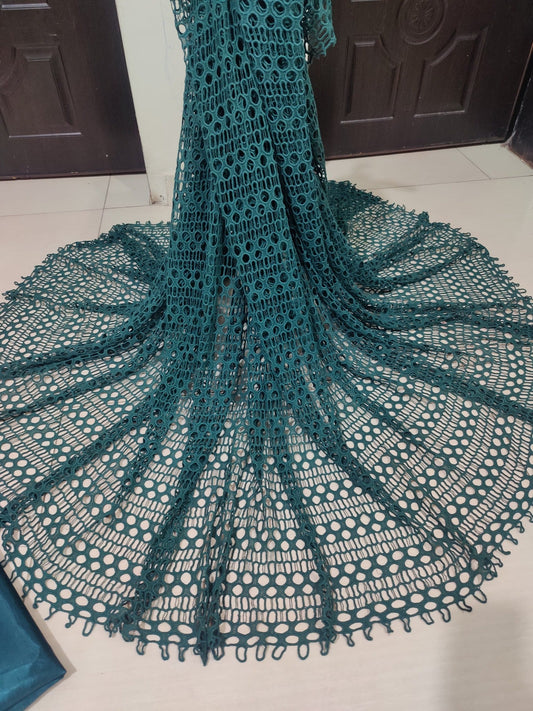 Green Duas Boutique Crochet Net Unstitched 3-Piece Suit-Style 2