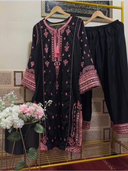 Black Savarna Cotton Embroidered Stitched 2-Piece Suit